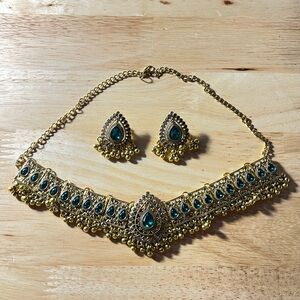 Gold-Tone Necklace and Earring Set with Teal Stones